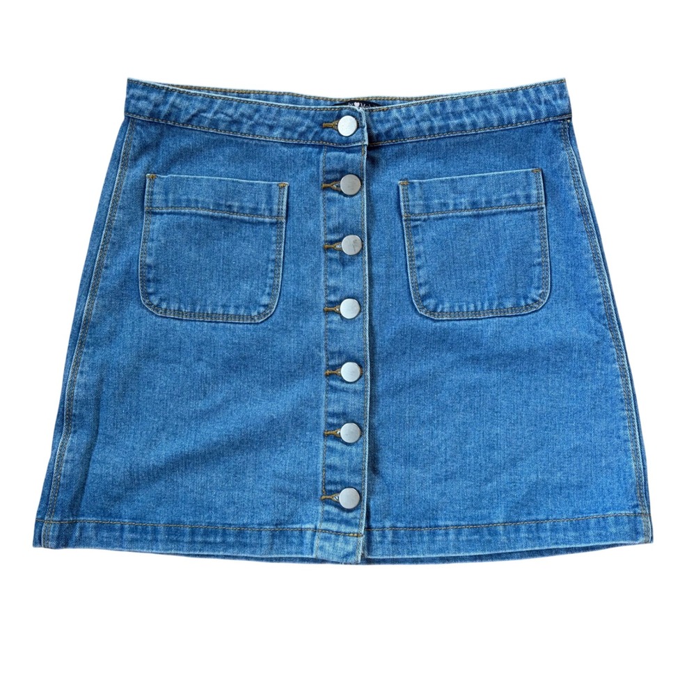 Brandy Melville Denim Button Front Patch Pockets Mini Skirt Size Medium - Picture 1 of 8